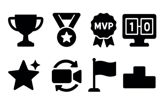 Set of silhouette sports icons including trophy, medal, mvp badge, scoreboard, and flag