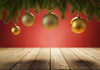 Golden christmas ornaments, pine branches, wooden table, red background