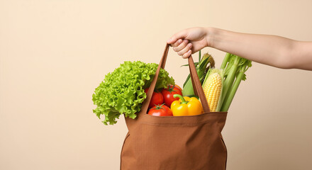 Person holding a reusable grocery bag filled with fresh organic vegetables. Healthy eating and sustainable shopping concept.