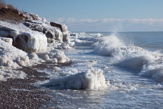 Icy Shoreline With Crashing Waves Under A Blue Sky winter ocean - Powered by Adobe