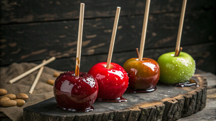 Traditional candy apples on dark wood