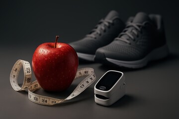 Health and fitness tools with apple and sneakers on a table