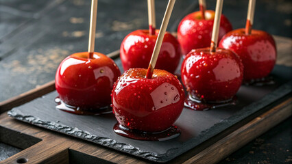 Festive candy apples in rustic setting