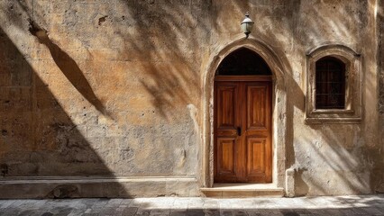 Fototapeta premium Old stone wall with a tall wooden arched double door, a small window to the right, and a lantern above, bathed in warm sunlight. Concept Historic stone wall, Wooden arched double door