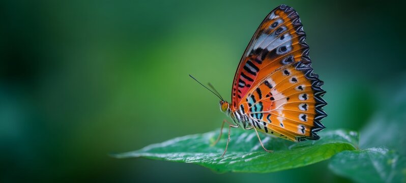 Macro of a colorful butterfly perched on a green leaf, isolated on blurred natural background with space at top for text or heading, high-resolution nature photography