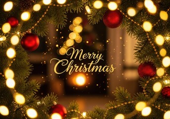 Merry christmas" greeting framed by festive fir tree branches and bokeh lights.
