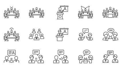 Essential Communication and Meeting Outline Icons for Business Strategy, Collaboration, and Professional Dialogue Visuals