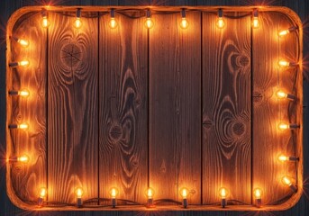 Warm string lights framing rustic wooden planks texture background cozy