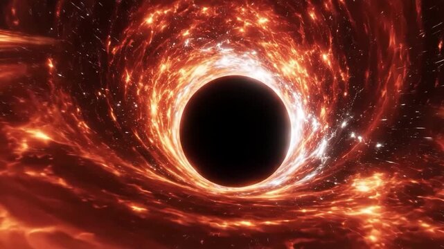 Stunning visualization of a supermassive black hole with a bright orange accretion disk swirling into the event horizon against a starry space background - Powered by Adobe