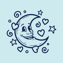 Cute Smiling Crescent Moon with Hearts and Stars, Dreamy Design on Light Blue Background