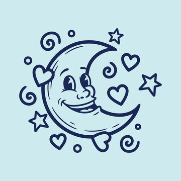 Cute Smiling Crescent Moon with Hearts and Stars, Dreamy Design on Light Blue Background