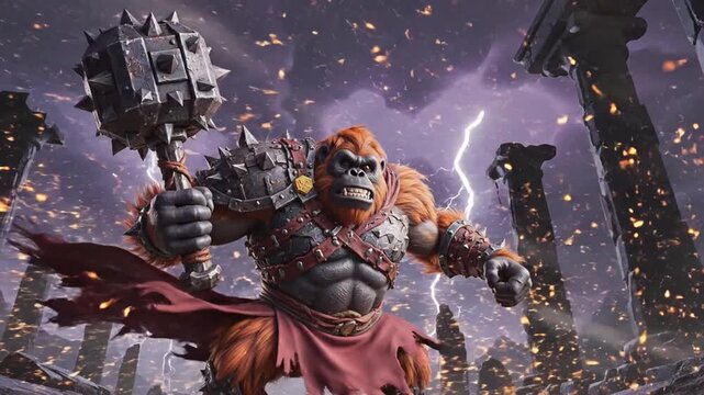 Epic battle scene featuring armored gorilla warrior wielding a massive hammer
