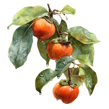 Persimmon Tree, watercolor illustration, vector style, isolated on a white background.
