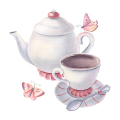 Ceramic tea set, teapot, spoon, butterflies. Hand-painted watercolor illustration isolated on white for printing, posters, invitations, coffee, tea, tableware branding, cards, textile, decor, design