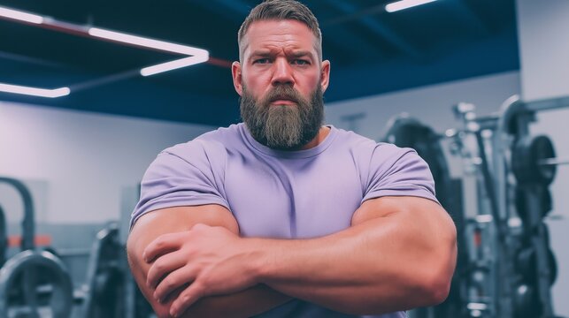 A muscular man with a thick beard stands in a gym, displaying an intense expression as he poses seriously. His powerful physique highlights dedication to fitness and strength training - Powered by Adobe