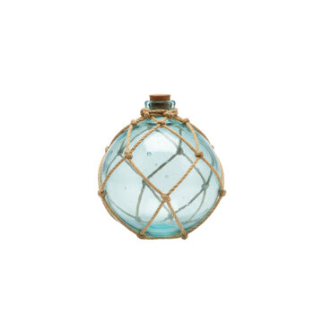 Vintage fishing float glass orb with rope netting and cork stopper isolated on black background