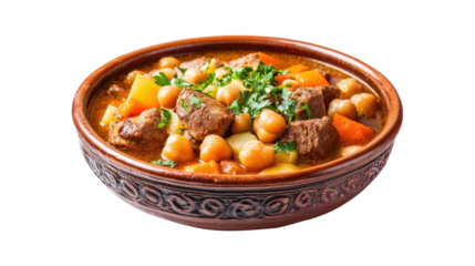 Hearty Beef Stew with Chickpeas and Carrots isolated on a transparent background