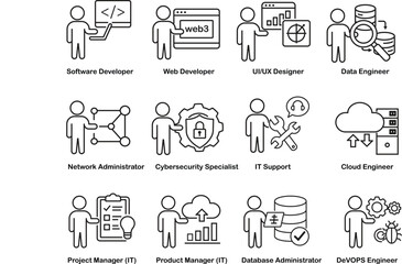 Line art icons representing various IT and tech professions.