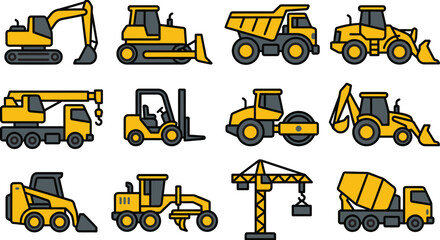 A diverse collection of yellow construction vehicles and heavy machinery icons.