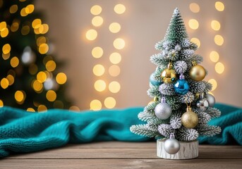 Small frosted christmas tree with colorful ornaments and bokeh lights