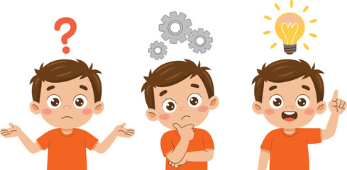 “Cute cartoon boy expressing confusion thinking and bright idea with question mark gears and light bulb in isolated educational illustration set”