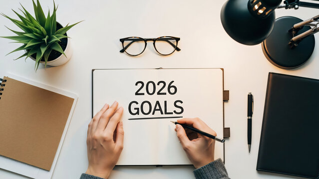 2026 Goals: Writing Plans in a Study Office Setting With Planner and Glasses