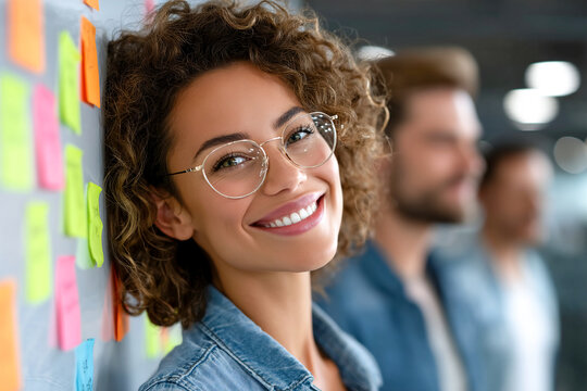Woman with curly hair smiles near colorful sticky notes in a modern office space Generative AI