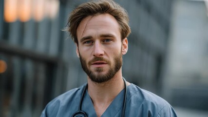 European man in doctor work clothes stands outdoors, showcasing professionalism and dedication in healthcare during a bright and calm evening