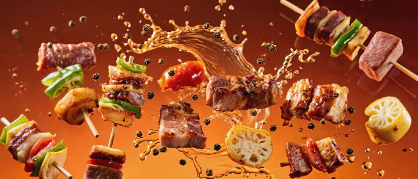 Dynamic culinary display of sizzling grilled meat and fresh vegetable skewers with an artful splash of savory sauce, capturing delicious food preparation and gourmet dining experiences
