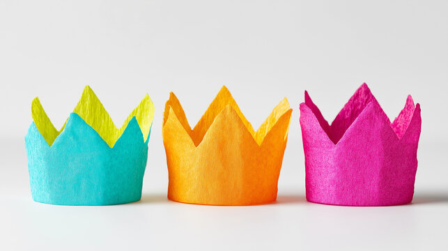 Three colored crowns made of colored paper. The Three Magi. the nativity of Christ.