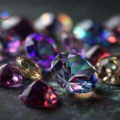 Fototapeta premium Colorful faceted gemstones sparkling under soft light. Bright luxury stones in vibrant hues.