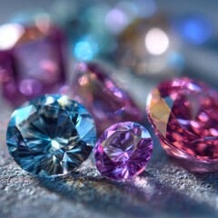 Colorful faceted gemstones sparkling under soft light. Bright luxury stones in vibrant hues.