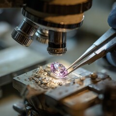 Jewelry crafting process with gemstone held under a microscope. Precision, detail and artisan craftsmanship.