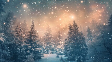 Snowy winter forest with pine trees glowing in warm golden light. Peaceful atmospheric holiday scene.