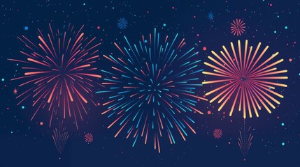 Colorful fireworks bursting in the night sky. Bright festive New Year celebration background.