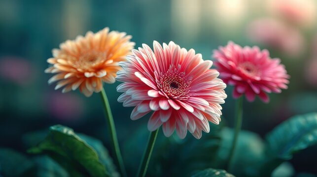 Gerbera daisies in full bloom, showcasing vibrant colors and delicate petals. - Powered by Adobe