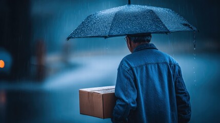 A man braves the rainy weather to deliver a package under an umbrella.