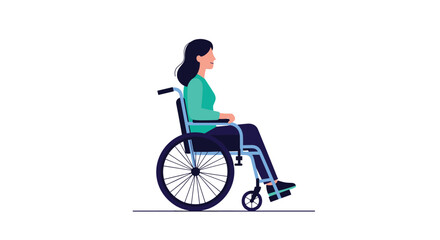 A cheerful woman with a pleasant expression is depicted sitting in a wheelchair, illustrating concepts of mobility, inclusion, and positive disability representation.