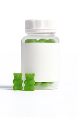 Supplement Vitamin Bottle with Green Gummy Bears on White Background