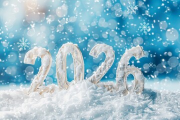 Ice sculpted numbers 2026 covered with snow against a blue winter background with bokeh and snowflakes. Festive New Year concept, sparkling cold atmosphere, holiday design element.