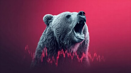 Bear market concept with a roaring bear and a declining stock chart.