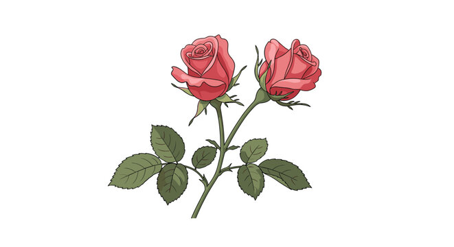 A charming illustration of two delicate pink rosebuds with vibrant green leaves on a single stem, set against a pristine white background, evoking feelings of love and beauty.