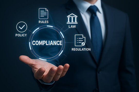 Corporate businessman showing compliance guideline concept including regulations policies and ethical business governance responsibilities