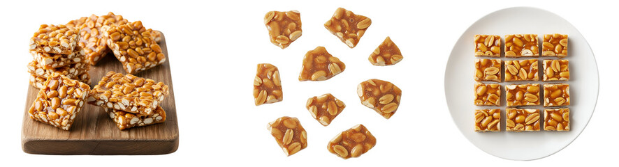 Three arrangements of peanut brittle squares, some on a board and some on a white plate, isolated on transparent background