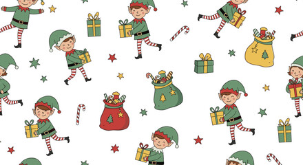 Naklejka premium A cheerful and festive seamless pattern featuring adorable Christmas elves, wrapped presents, candy canes, and sparkling stars on a clean white background, perfect for holiday designs.