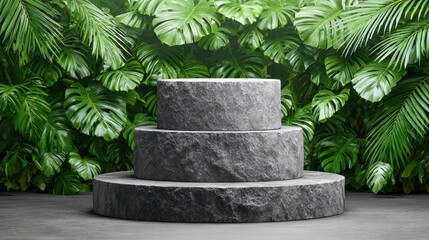 Stone podium with lush tropical foliage background for product display.