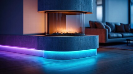 Modern fireplace with colorful ambient lighting in a contemporary living room.