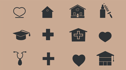 Complete collection of black silhouette graduation cap and house icons