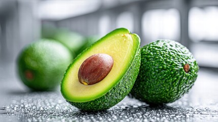 Fresh avocado halves with a pit, showcasing the vibrant green fruit.