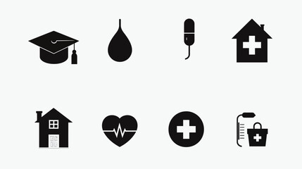 Complete collection of black silhouette graduation cap and house icons